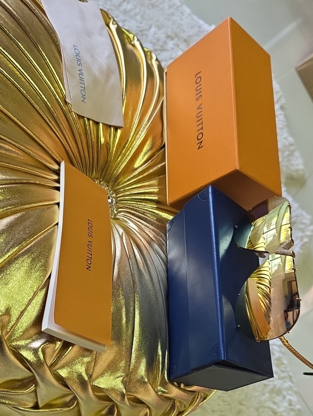 Louis Vuitton Gold and Navy Mirrored Sunglasses with Orange Box